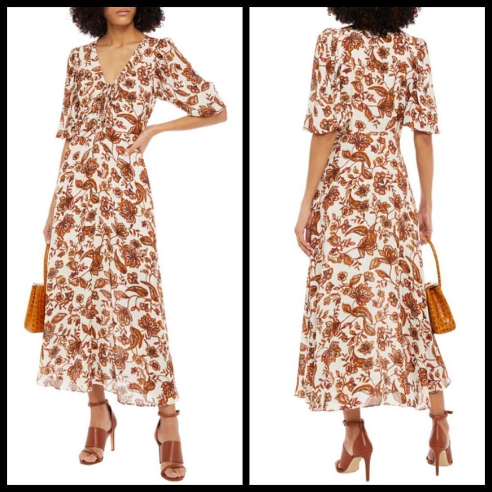 💕NICHOLAS💕 Printed Danielle Dress ~ Ivory Paisley Floral Print US 12 Crepe
